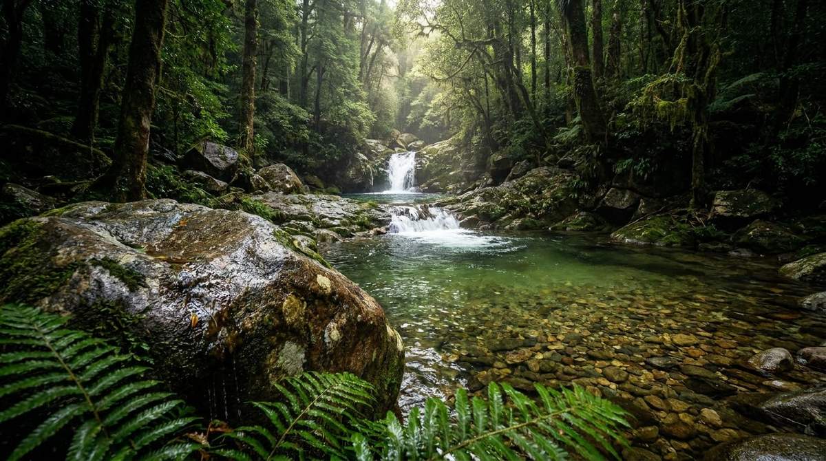 A clear green pool below a small cascade on the Five Lakes trail