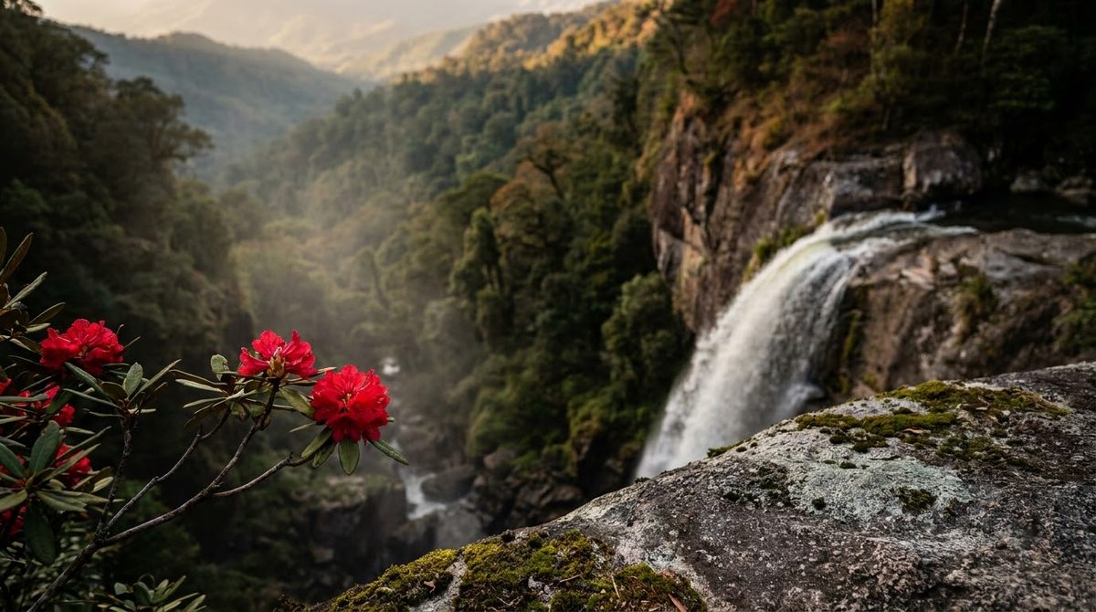 Rhododendron Falls pouring over the cliff edge into the forest below