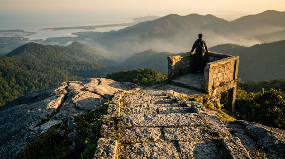 The Hai Vong Dai lookout tower on the Bach Ma summit at sunrise