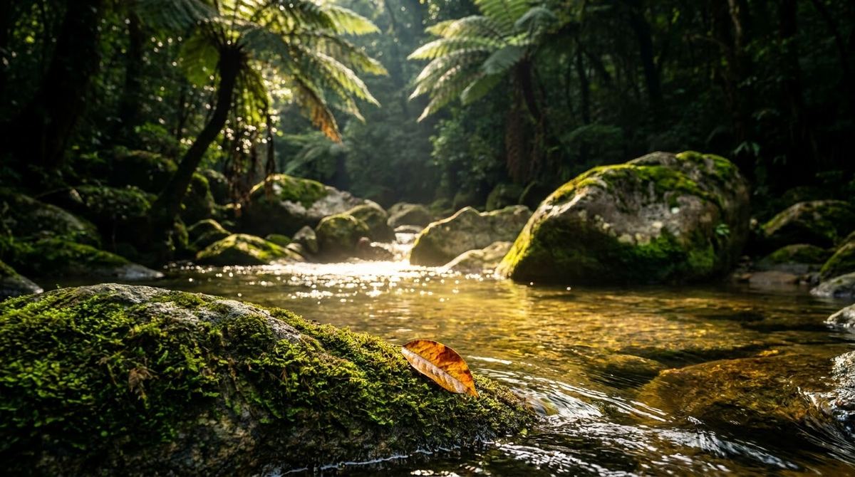 Sunlight on a mossy stream in the Bach Ma rainforest