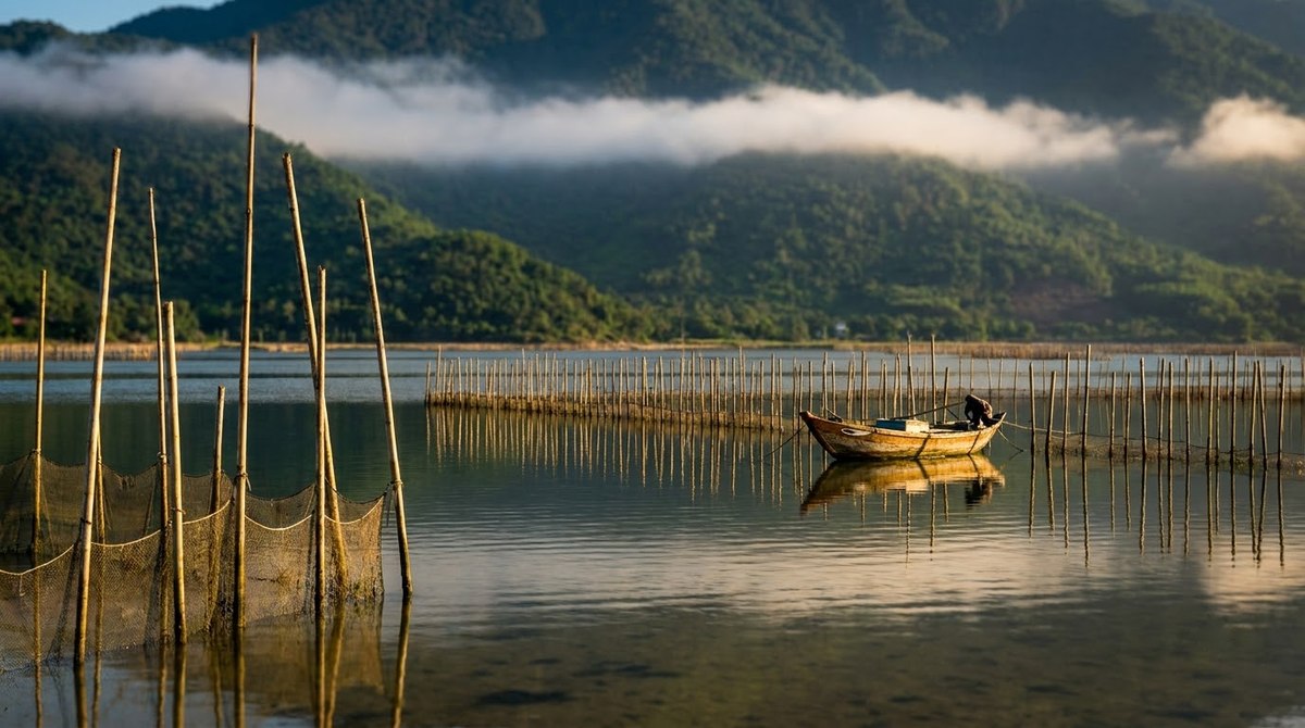 Oyster-farm poles across Lap An lagoon below the mountains