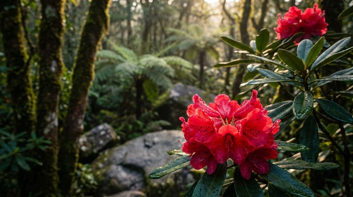 Red rhododendron flowers on the trail in spring