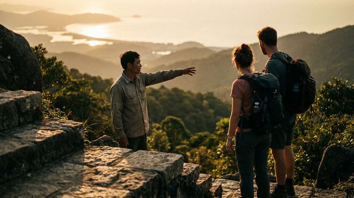 A local guide pointing out the view to two walkers on the summit path