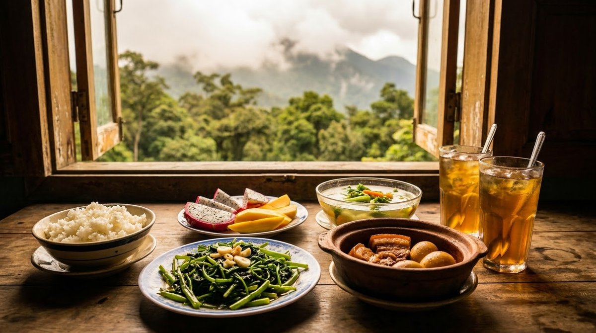 A set Vietnamese lunch on a table near the Bach Ma summit