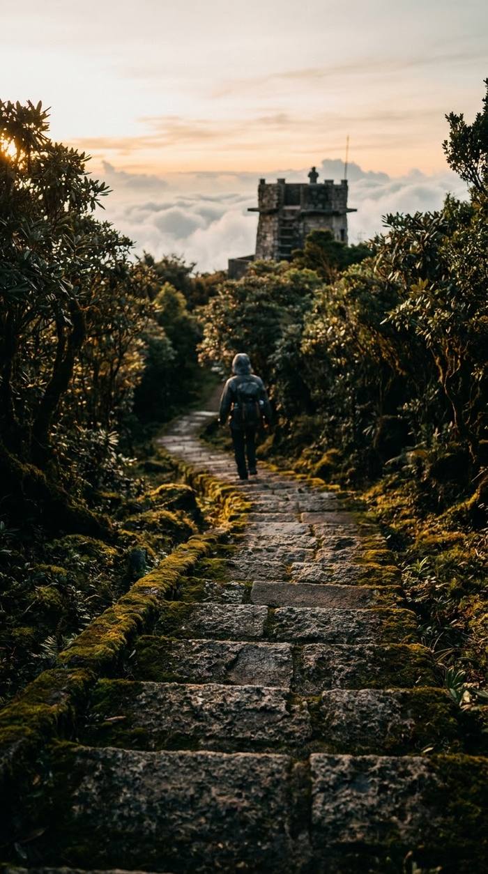 Stone steps rising to the Hai Vong Dai tower above the clouds