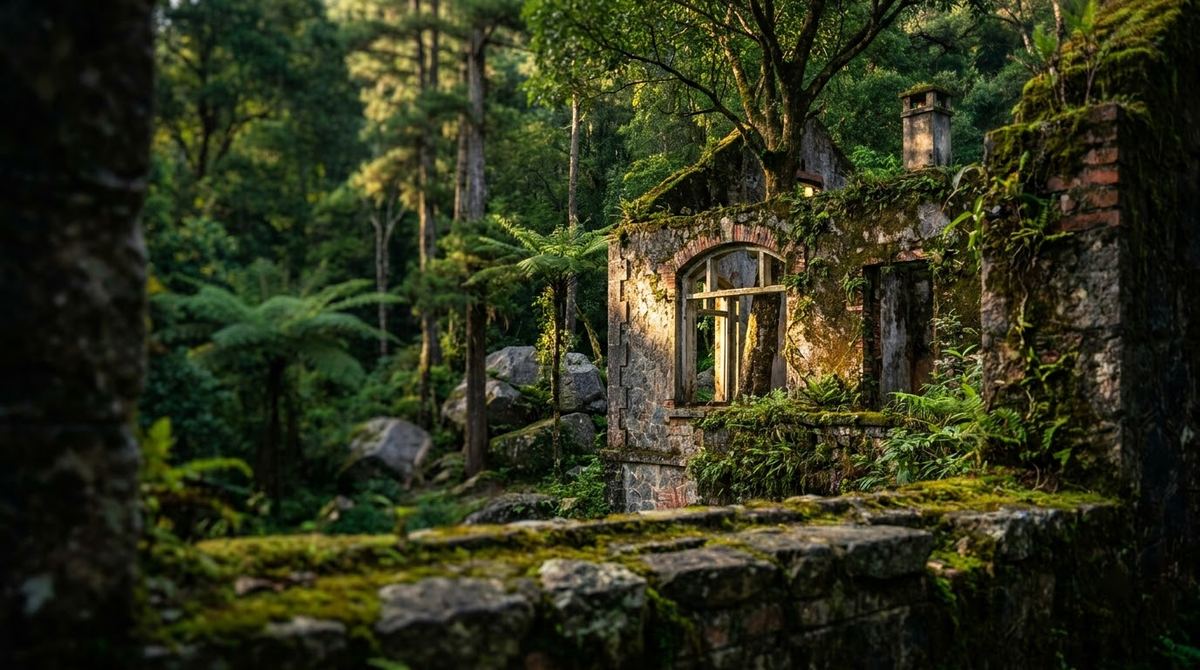 Stone walls of a French hill-station villa overgrown by forest